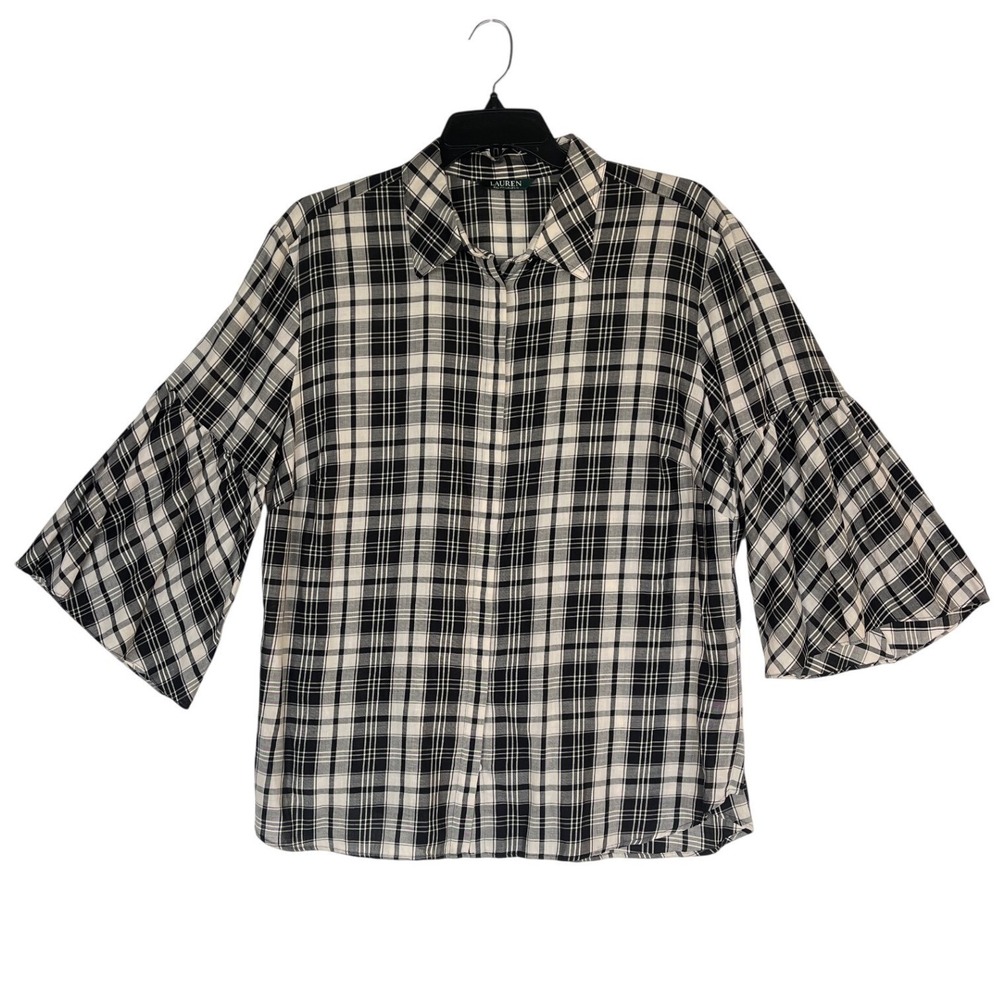 Lauren Ralph Lauren Womens Black White Plaid Bell Sleeve Button Down Shirt L